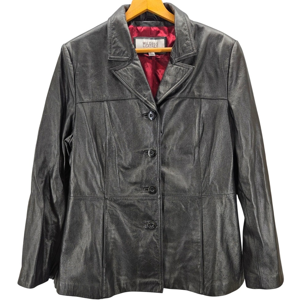 Wilsons Leather Maxima Womens Black Leather Blazer Jacket Red Lining XL